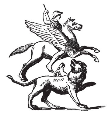Pegasus Binicilik ve Chimera, vintage çizim için mücadele veya illüstrasyon oyma Bellerophon.