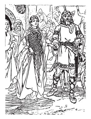 Genç erkek ve yürüme elini tutarak yaşlı kral iki yürüyen insan, askerlerin arkasında arka plan, vintage çizgi çizme veya oyma illüstrasyon mücadele ediyoruz