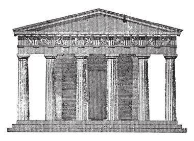 Dorik Tapınak, açık yükselmesi, bir Yunan Dor Hexastyle Chersiphron Tapınağı, klasik Yunan mimarisi, vintage çizgi çizme veya oyma illüstrasyon.