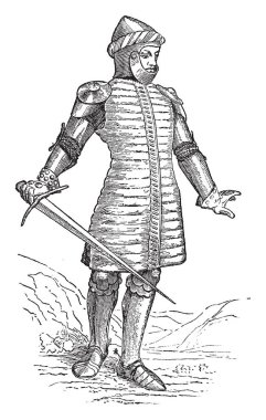 Bir Gambeson giyen ve kılıç elinde tutan asker, vintage çizgi çizme veya oyma illüstrasyon