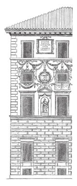 Roma'daki Spada Sarayı Faade parçası, duvarlar ve iç tavanlar, siyah topraklama aşağı kazınmış, pencereler arasında düz boşluklar, vintage çizgi çizim veya gravür illüstrasyon 