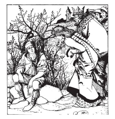 Çizim veya gravür illüstrasyon hattı vintage Prenses ve Kral ağacı, arkalarında, üç kişi altında bir anahtar oturan genç bir adam arıyorum