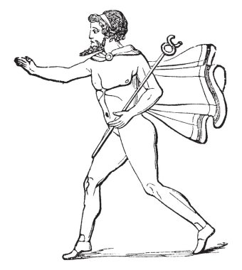 Onun eli, vintage çizgi çizme veya oyma illüstrasyon caduceus Merkür'ün bir resimle.