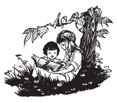 Okuma kitabı, öğrenme, okul, becerileri, faydaları, vintage çizgi çizme veya illüstrasyon oyma çocuk.