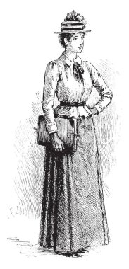 Ayakta ve klasör, vintage çizgi çizme veya oyma illüstrasyon tutan bir kadın