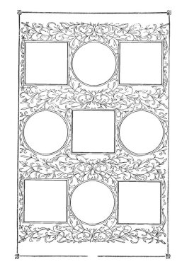 Dokuz bölümü çerçevesinin var bu desen, çizim için vintage veya oyma illüstrasyon yuvarlak ve kare kutularına.