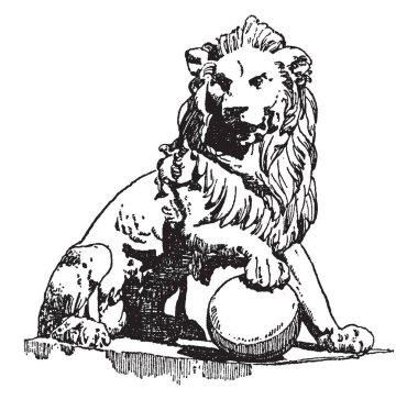 Aslan heykeli önünde Cortes Sarayı Madrid, vintage çizgi çizme veya oyma illüstrasyon bulundu.