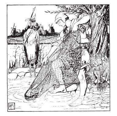 Bu görüntüde balıkçı vardır tutun bir balıkçı Net. Balıkçı balık, vintage çizgi çizme veya oyma illüstrasyon yakalamak için suda duruyor.