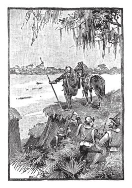  Hernando De soto ve diğer fatihler Mississippi Nehri, vintage çizim için keşfetmek veya illüstrasyon oyma.