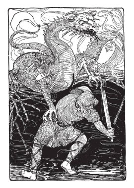 Mağara içinde ejderha ile mücadele Siegfried. Norveç mitolojisine göre Siegfried cüce, Regin, vintage çizgi çizme veya oyma illüstrasyon tarafından büyüten cesur bir genç adam olduğunu..