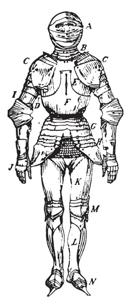 Bir Adam Tam Zırh Üniforma Vintage Çizgi Çizme Veya Oyma — Stok Vektör