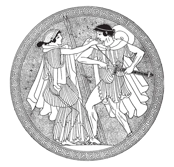 愛する息子のテセウス ヒメメンコヒシガニの図 テセウスは彼の剣 ビンテージの線描画や彫刻イラスト出してください — ストックベクタ