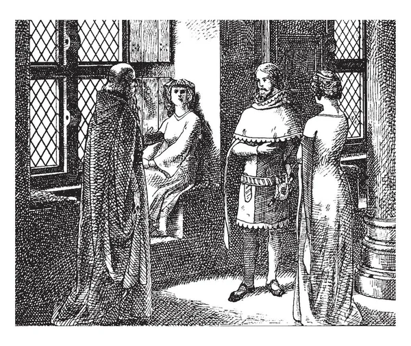 贵族谈论 Nursted 法院是从法国手稿图片 复古线条画或雕刻插图 — 图库矢量图片