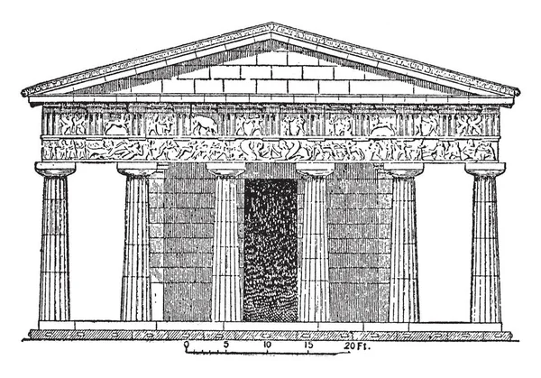 寺庙在 Assus 它位于弗吕家的芒达山 大部分的周边地区 它是在东部 大英百科全书 复古线条绘画或雕刻插图 — 图库矢量图片