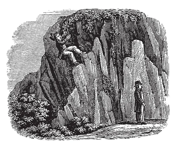 丘に登る人と別の男が地面 ヴィンテージの線画の上に立ってやイラストを彫刻 — ストックベクタ