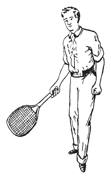 Игрок Держит Теннисную Ракетку Показывает Правильную Осанку Правого Хода Одна — стоковый вектор