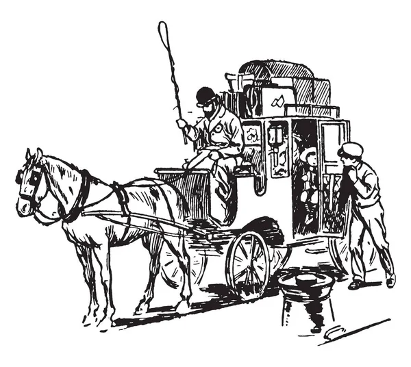 Allenatore Cui Carrozza Trainata Cavalli Con Bagaglio Disegno Linee Vintage — Vettoriale Stock