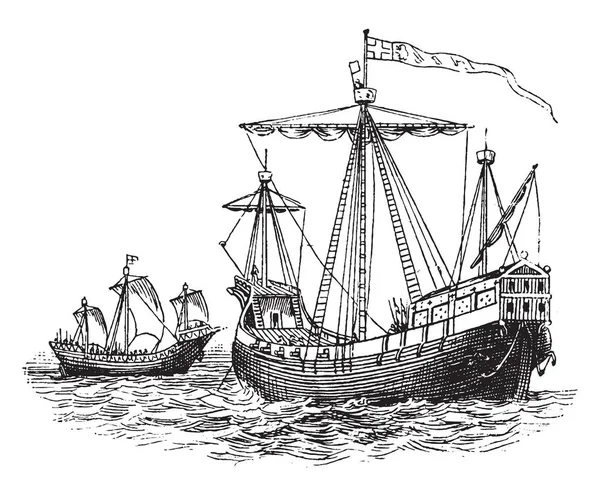 这个插图代表第十五世纪的战争船 复古线条画或雕刻插图 — 图库矢量图片