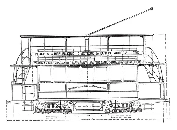 자동차 배터리와 Aubervilliers에서 파리로 트롤리 빈티지 그림을 새겨져 1875 — 스톡 벡터