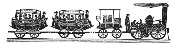 在美国使用的第一条铁路列车 复古线条画或雕刻插图 — 图库矢量图片