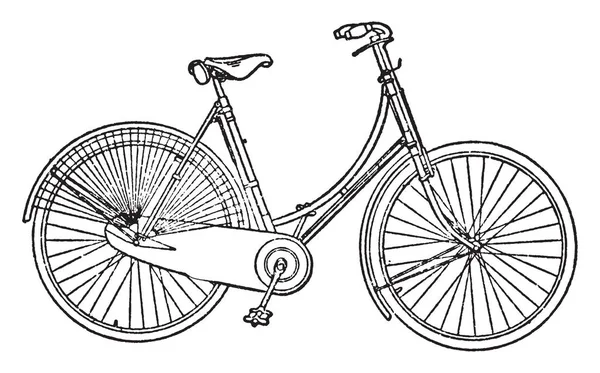妇女自行车 其中的前叉和转向柱是受弯矩由于反应从地面 老式线条绘制或雕刻插图 — 图库矢量图片