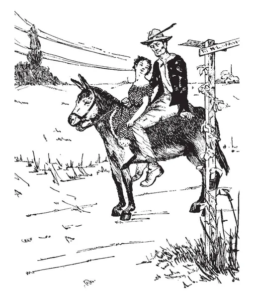 Ein Mann Und Eine Frau Gemeinsam Auf Einem Esel Reiten — Stockvektor