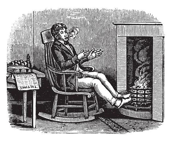 Muž Sedí Židli Krbu Vintage Kreslení Čar Nebo Gravírování Obrázku — Stockový vektor