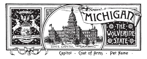 Banderollbilden Staten Michigan Wolverine State Banner Har Staten Huset Vänster — Stock vektor