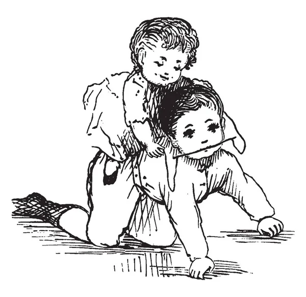 Bebé Jugando Con Hermano Esta Imagen Dibujo Línea Vintage Ilustración — Vector de stock