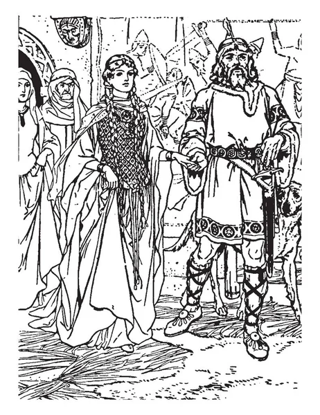 老国王牵手的年轻女性和行走 两个人走在身后 士兵在背景战斗 复古线条画或雕刻插图 — 图库矢量图片