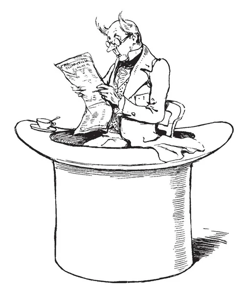 Küçük Bir Adam Şapkanın Içinde Oturan Gazete Vintage Çizgi Çizme — Stok Vektör