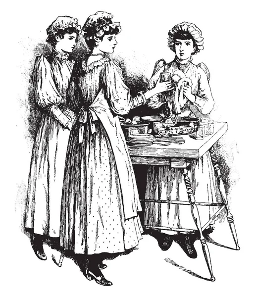 Drie Dames Wassen Borden Glazen Vintage Lijn Tekening Afbeelding Gravure — Stockvector