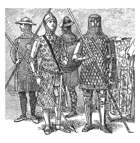 Мужчины Броне Держащие Копья Рисунок Винтажной Линии Гравировка — стоковый вектор
