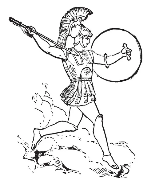 これは このイメージの火星です 彼はシールド つの手 つの手で矢を捕えました 彼がトップ ビンテージの線描画や彫刻イラストの帽子は キャップを挿入します — ストックベクタ