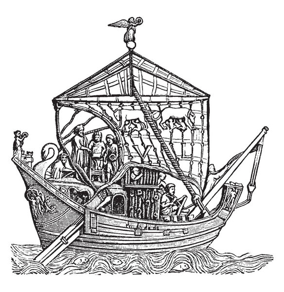 Trading Vessel is a boat or ship that transports cargo or carries passengers for hire, vintage line drawing or engraving illustration.