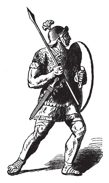 Roman Soldier Legionary Short Javelin Shield Vintage Line Drawing Engraving — Stock Vector
