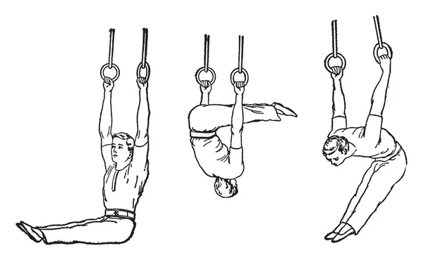 Чоловік Тримає Кільце Руками Вправ Використовується Тільки Чоловічими Гімнастами Вінтажним — стоковий вектор