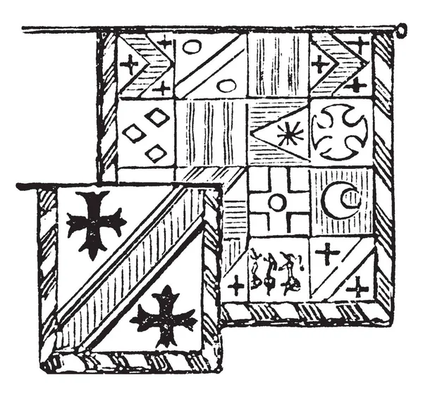 バナーは小さい正方形フラグ故人 ヴィンテージの線画の単一盾を含むやイラストを彫刻 — ストックベクタ
