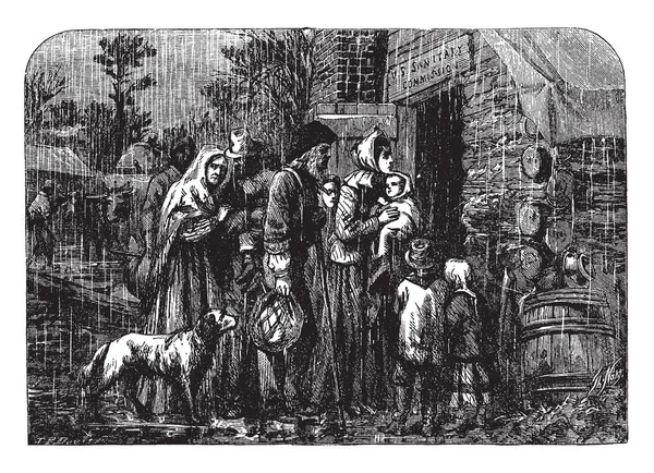 Grupo Refugiados Una Puerta Trazado Líneas Vintage Ilustración Grabado — Archivo Imágenes Vectoriales