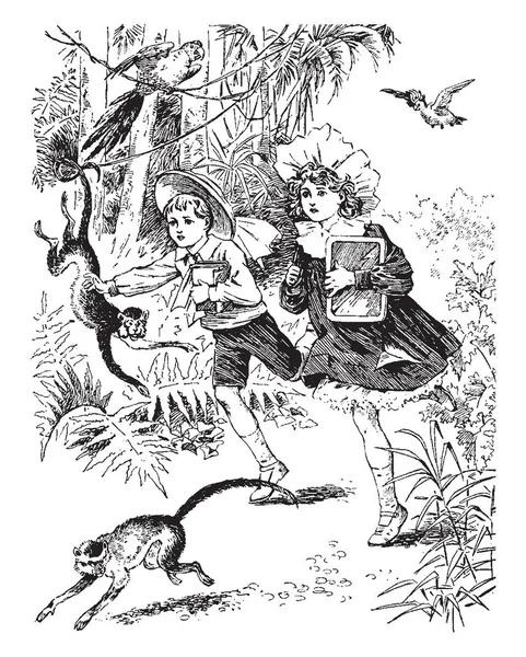 在猴地上学 这个场景显示两个孩子要去学校通过森林 猴子和鸟类周围 复古线条画或雕刻插图 — 图库矢量图片