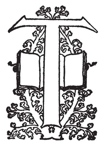Декоративная Заглавная Буква Книгами Ней Рисунок Винтажной Линии Гравировка Иллюстрации — стоковый вектор