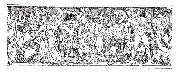 梅勒内的一幅古老的死亡画面 上面有一块罗马石棺 复古的线条画或雕刻插图 — 图库矢量图片