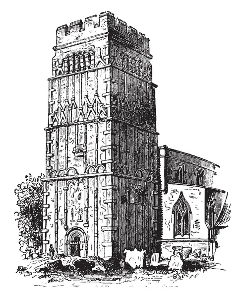 Northhamptonshire おそらくもともとタワー ビンテージの線描画や彫刻イラストとしてのバートン タワー教会 — ストックベクタ
