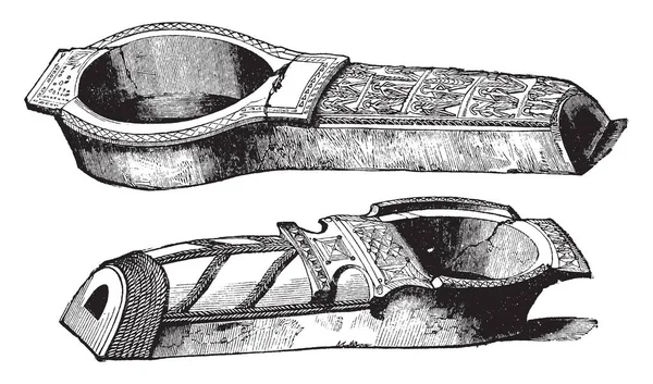 艶をかけられた棺は水指 ビンテージの線描画や彫刻イラストのような土器船の形のような棺の種類 — ストックベクタ