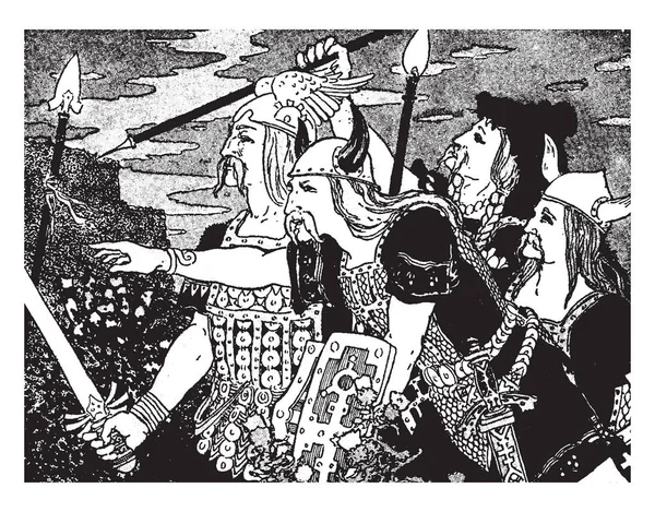 Vier Soldaten Mit Schwertern Und Schilden Linienzeichnung Oder Gravurillustration — Stockvektor