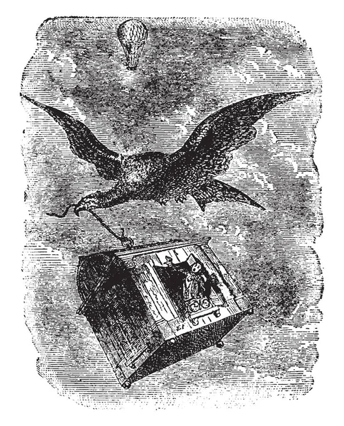 这张图片显示老鹰飞行和持有的小盒子里面有一个男人 复古线条画或雕刻插图 — 图库矢量图片