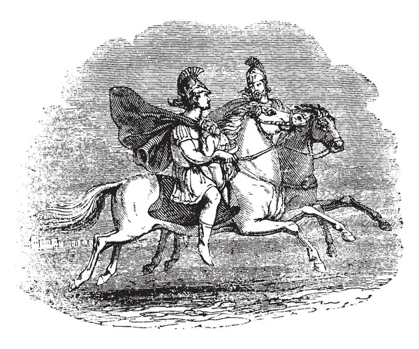 Zijn Twee Paarden Deze Afbeelding Twee Soldaten Het Twee Van — Stockvector