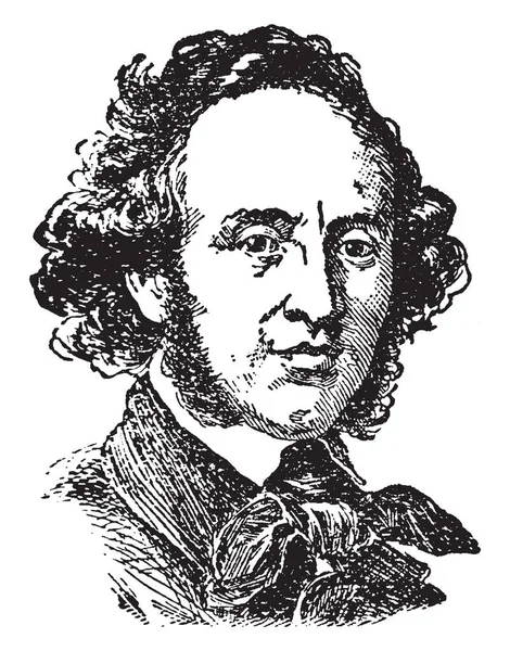门德尔松 1809 1847 他是一个德国作曲家 钢琴家 风琴师和早期浪漫时期的指挥 复古线条绘画或雕刻插图 — 图库矢量图片