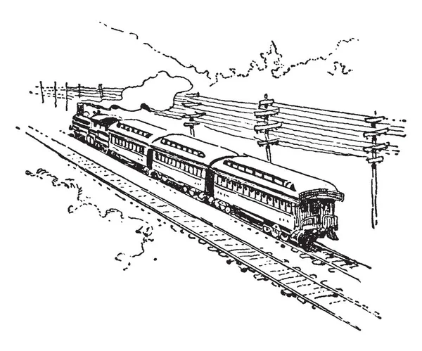 铁路是在铁轨上行驶的轮式车辆上转移旅客和货物的一种手段 老式线拉线或雕刻说明 — 图库矢量图片