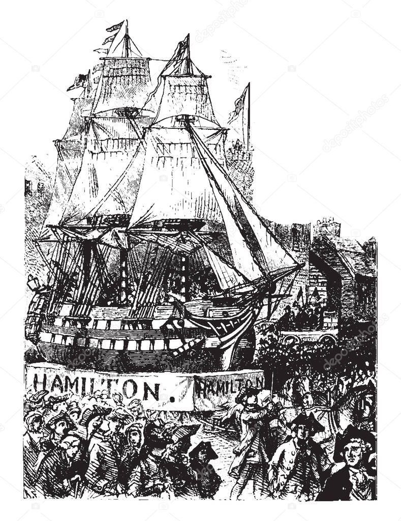 The image depicts the moment when the citizens of the New York Country were enjoying the constitution celebration, vintage line drawing or engraving illustration.